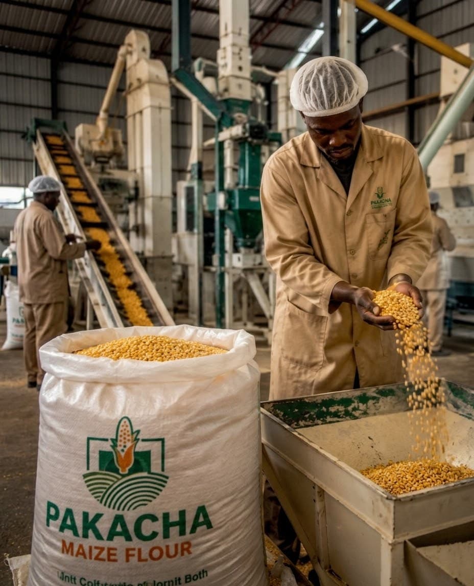 A mill worker handling maize during flour production